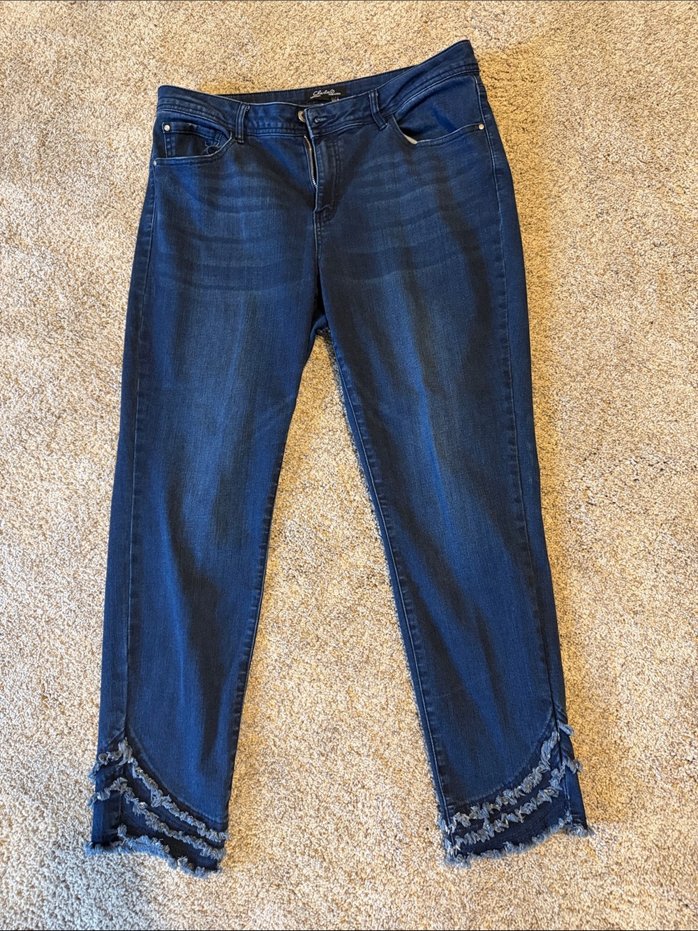 CHARLIE B Dark Blue Ankle Jeans with Layered Frayed Hem